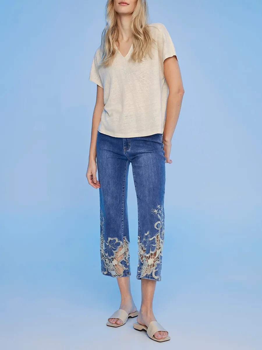 Linen Blend Soft V-Neck Short Sleeves