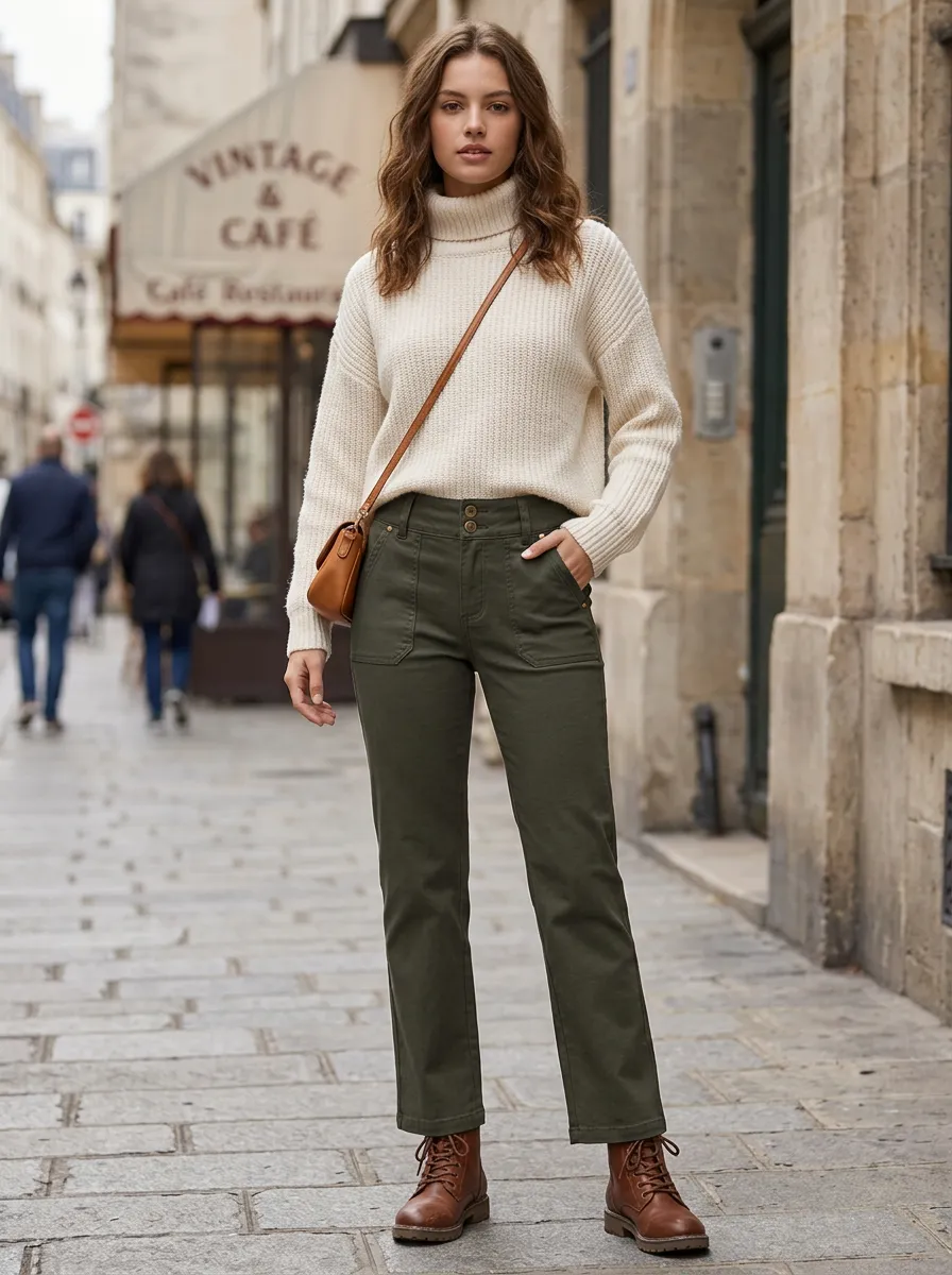 Women's Casual Olive Green High-Waisted Utility Pants