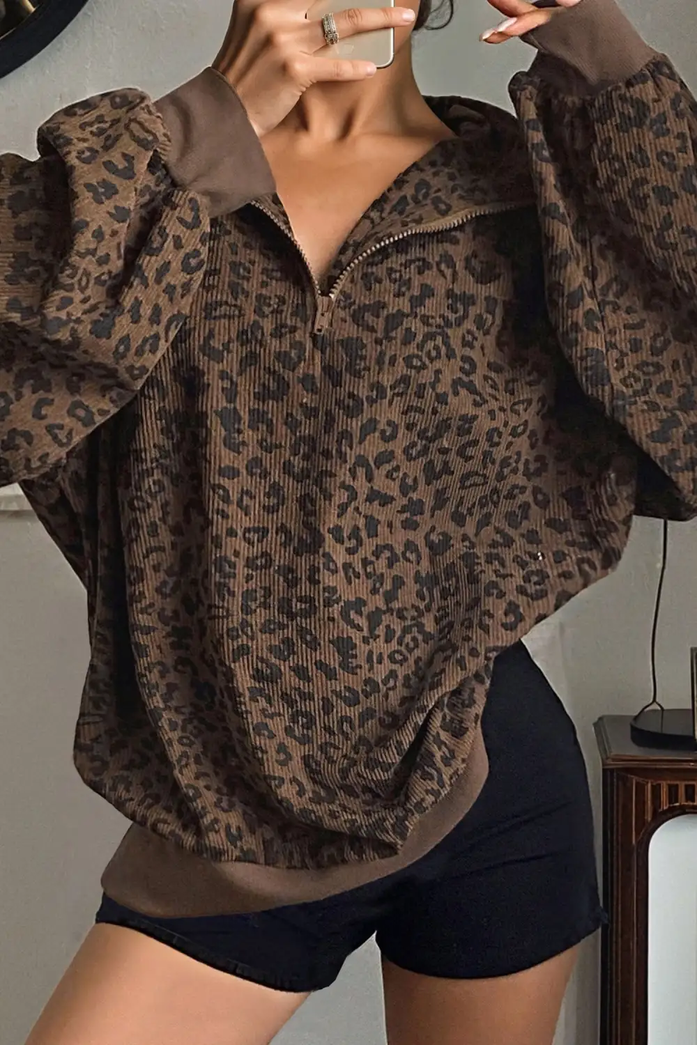 Leopard Print Zip Detail Quarter Zip Sweatshirt