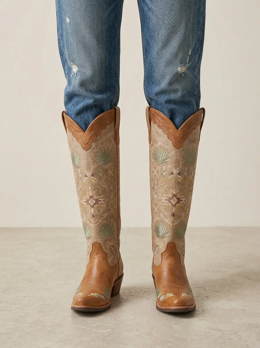 Women's Western Cactus Feather Geometric Embroidered Piped Block-Heel Denim Over-the-Knee Boots
