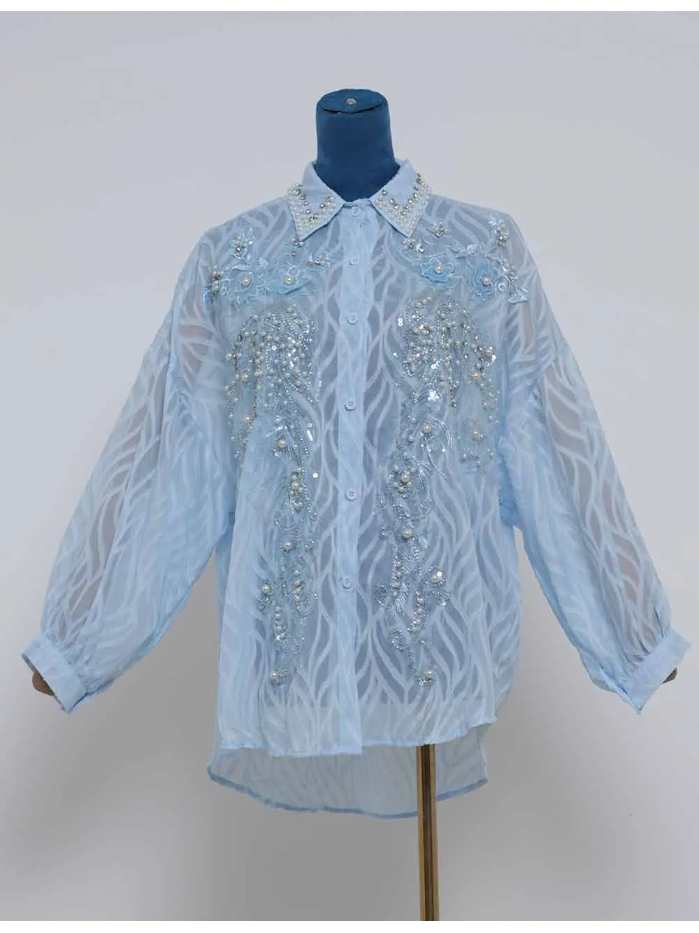 Chic Bead Shirt Collar Lantern Sleeves Jacquard Blouse