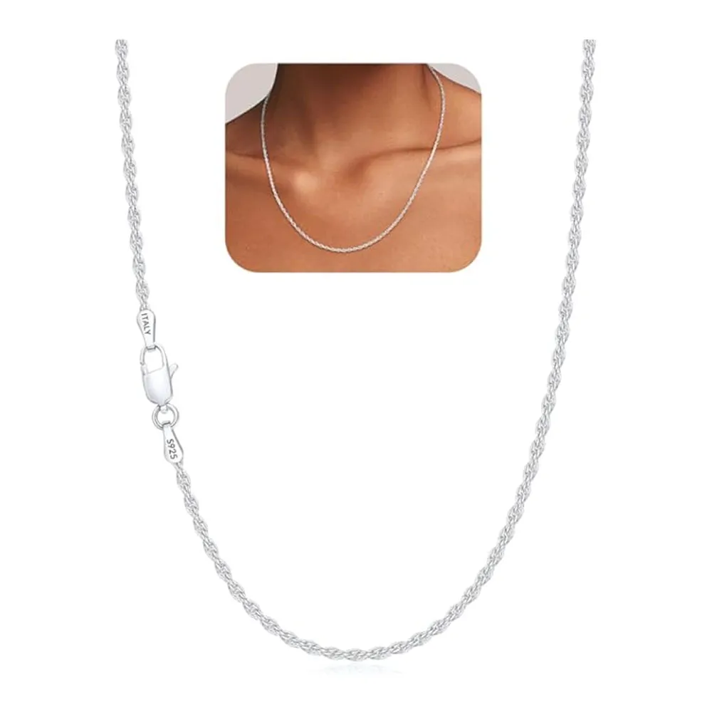 925 Sterling Silver Chain Necklace for Women Men - 1.5mm Thin Italian Rope Cable Chain, Delicate Minimalist Layering Necklace