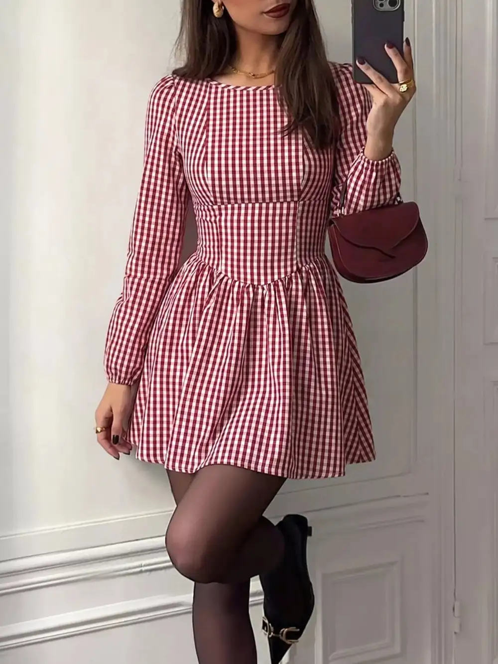 Backless Plaid Long Sleeve Dress