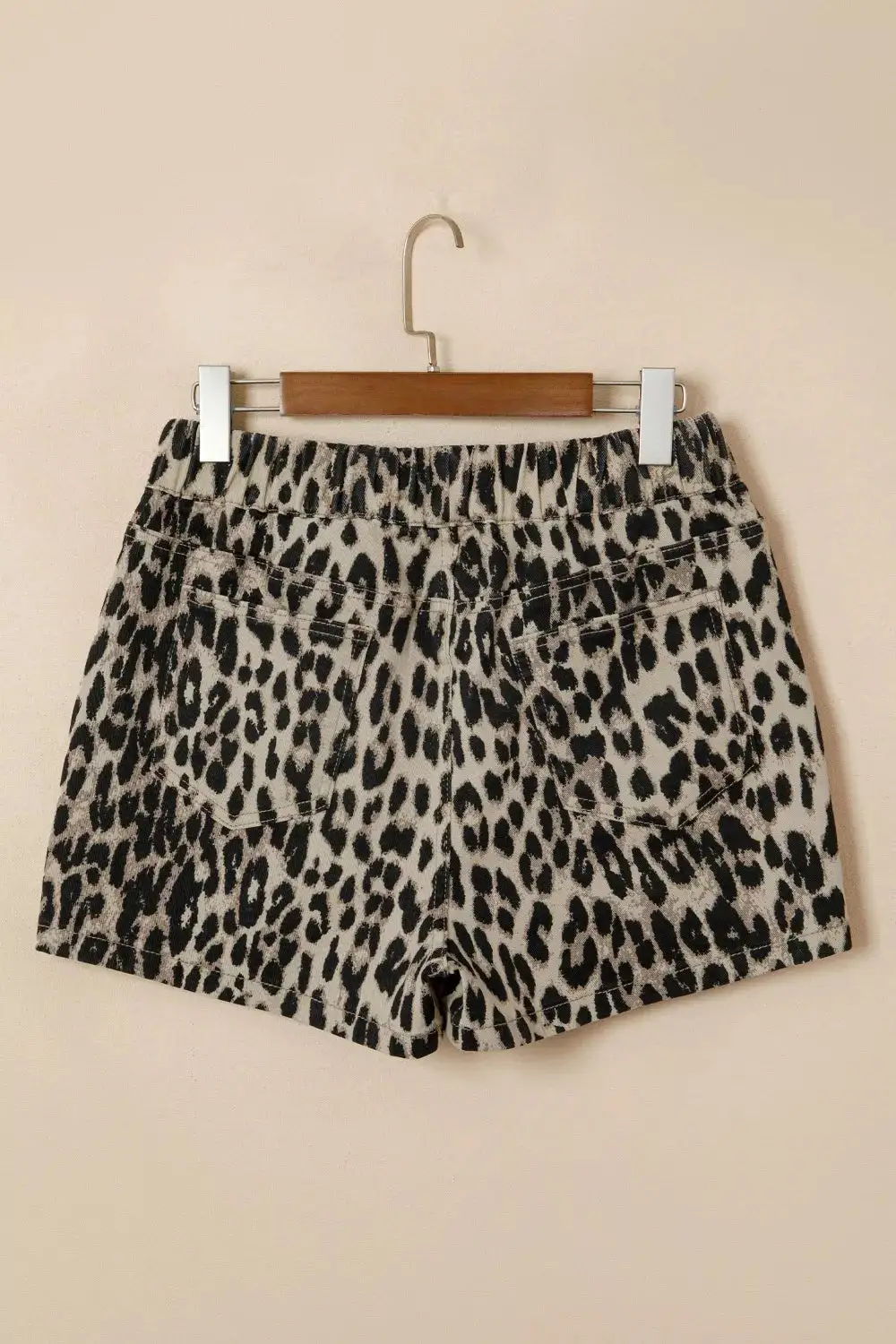 Leopard Print Lace Up Elastic Waistband Mid Rise Denim Shorts