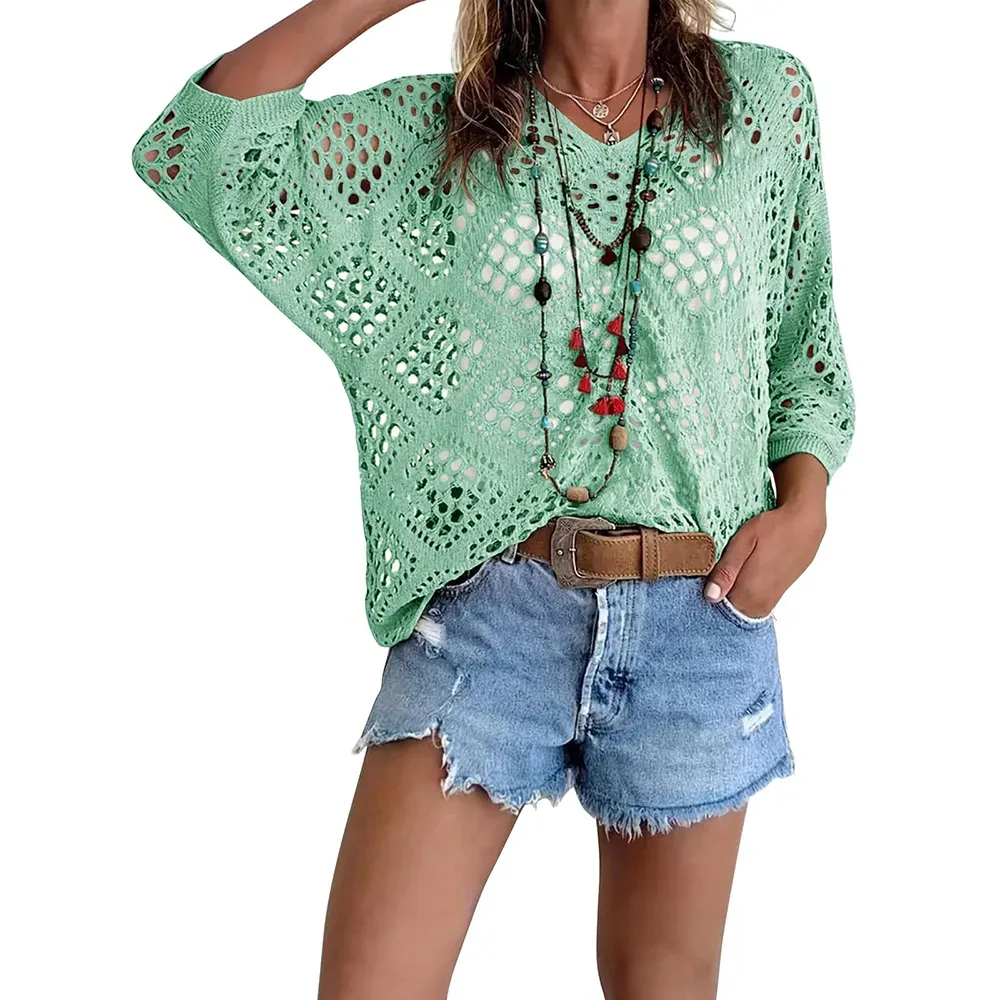 Women's Bohemian-Inspired Beige Crochet Top with V-Neck