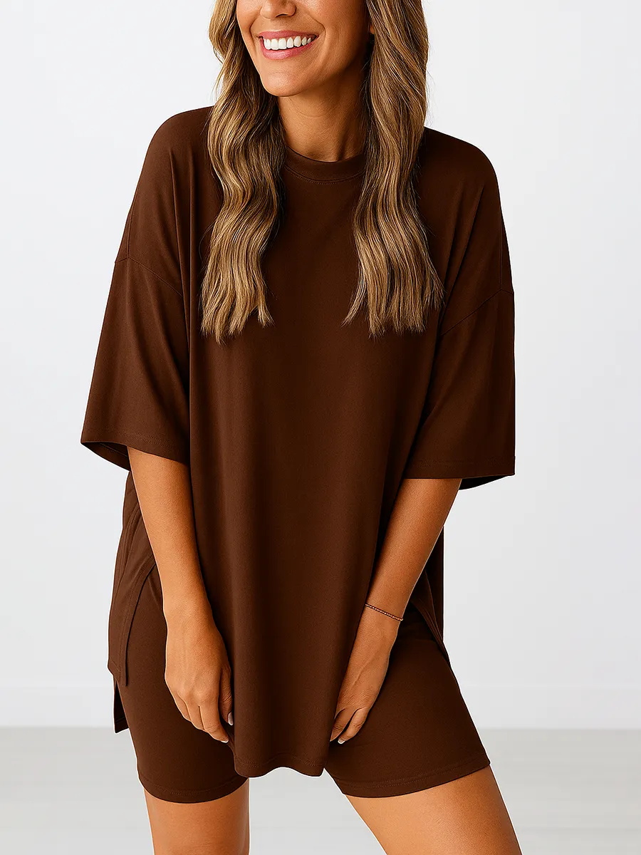 Women'S Summer Two-Piece Set 2025 Casual Oversized Shirts Biker Shorts Matching Airport Travel Outfit Split Hem Lounge