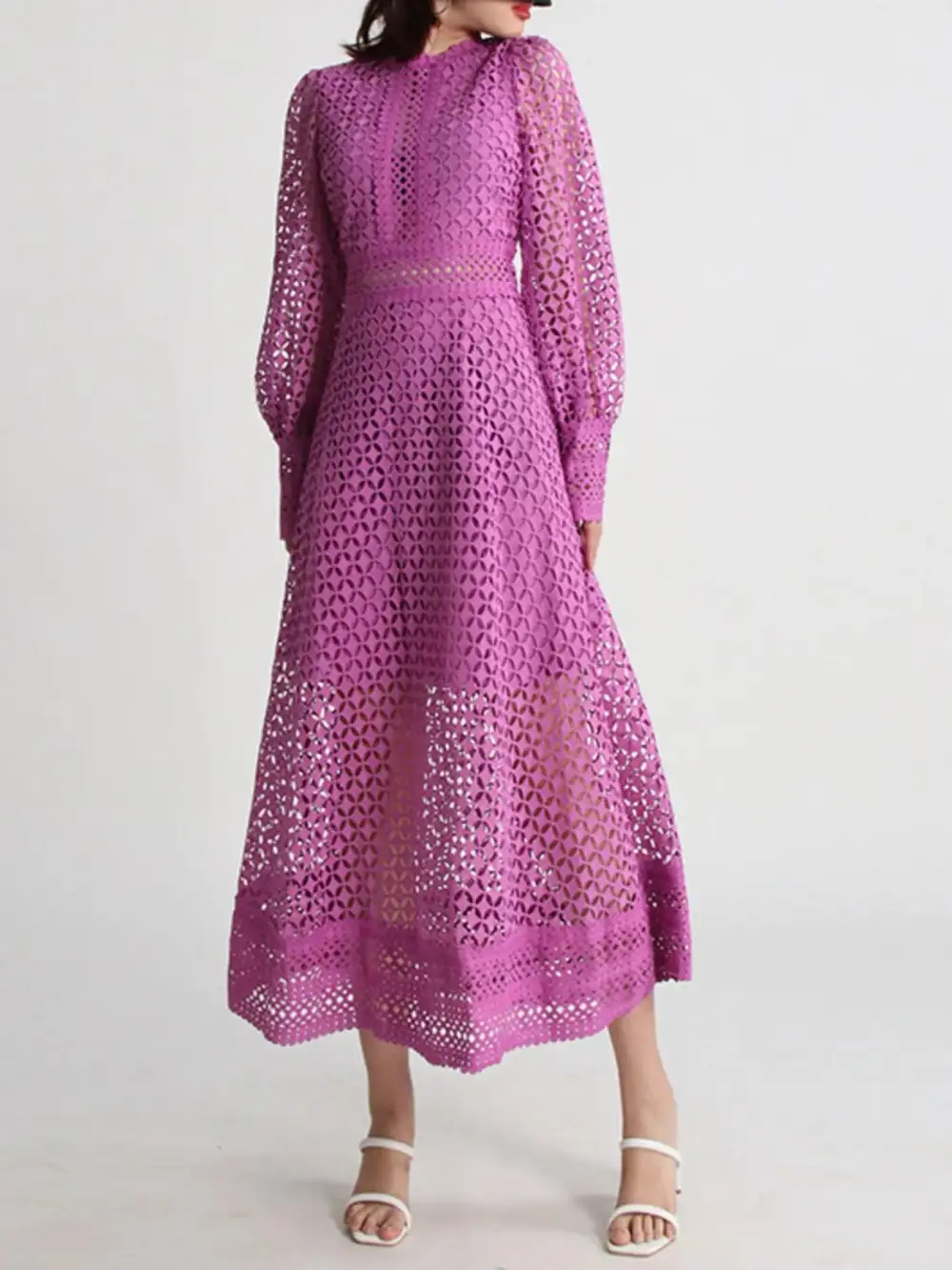 Balanced Detail Lace Long Sleeve Midi Dress