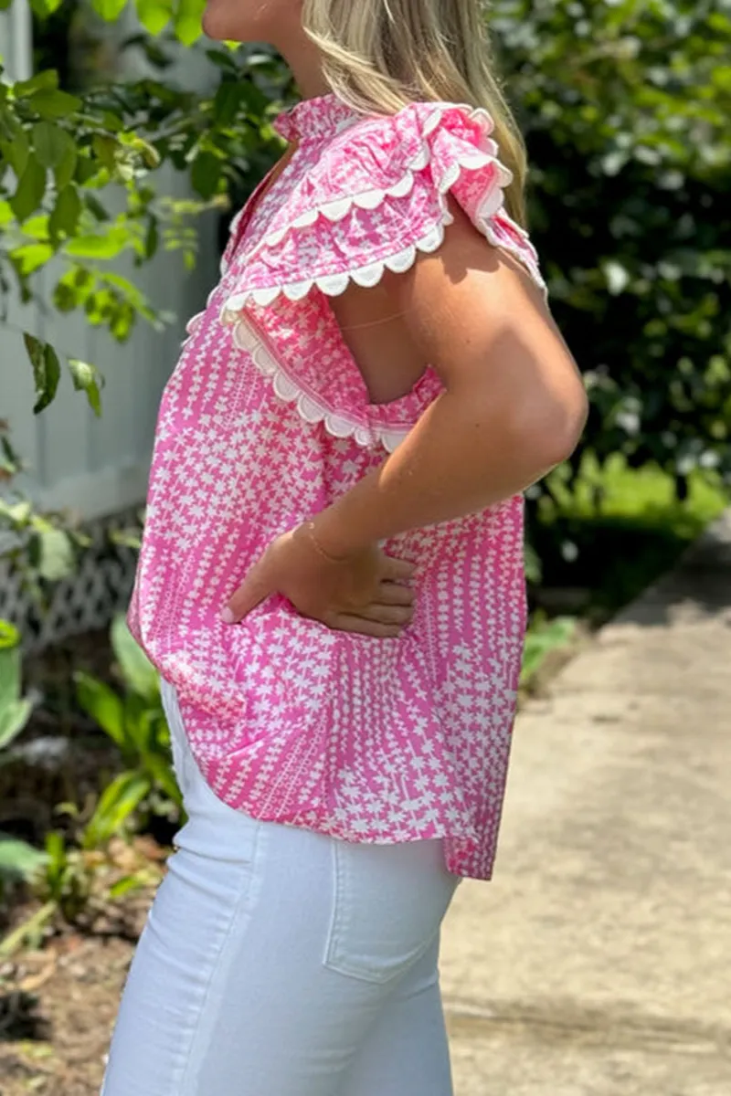 Abstract Print Ruffled V-Neck Blouse