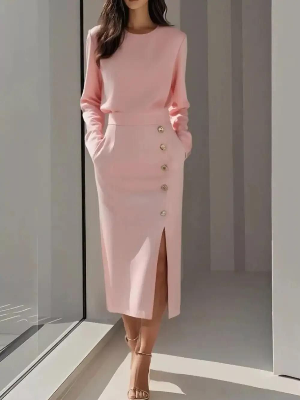 Slit Long Sleeve Midi Dress