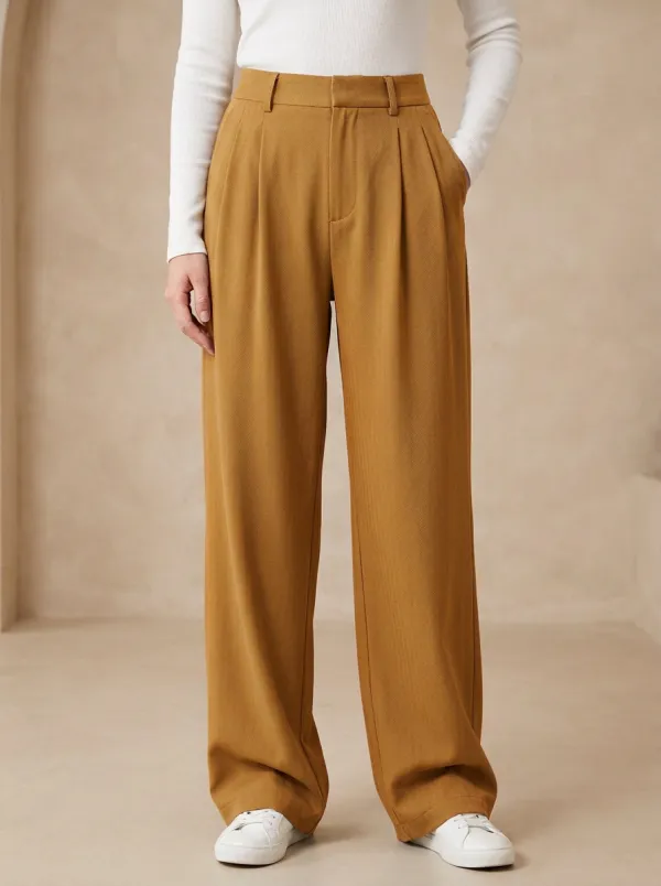 Women's Minimalist Pleated Wide-Leg Casual High-Rise Waist Integrated Belt Loops Pants