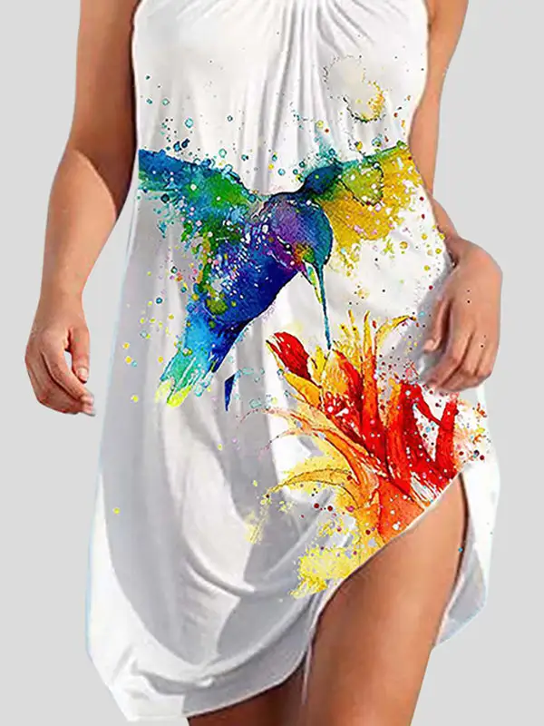 A Line Relaxed Animal Printed Pleated Spaghetti Neck Mini Dress