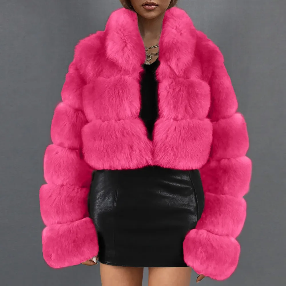 X1-Hot Pink Faux Fur Coat Women with Hood Cropped Bubble Coats Fleece Short Warm Jackets Plus Size Winter Coats for Women