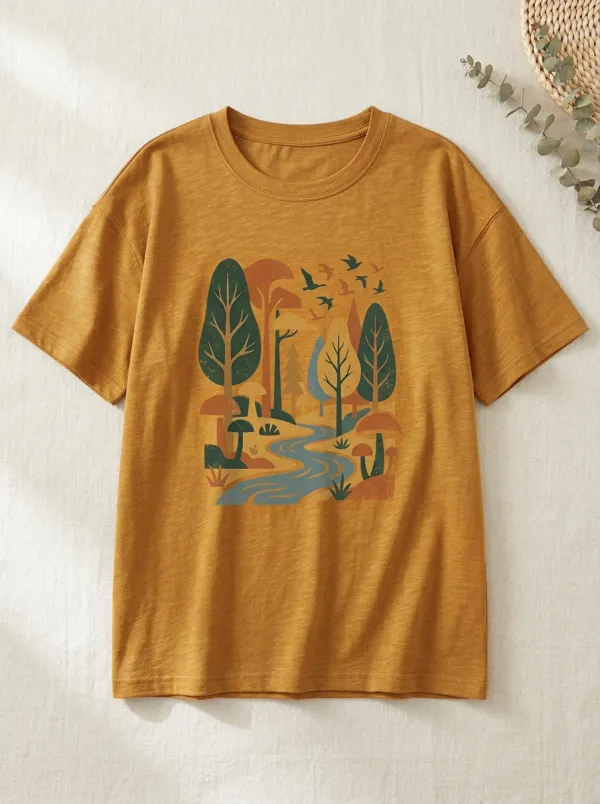 Women's Nature Forest River Mushroom Print Crew Neckline Ribbed Trim T-Shirt