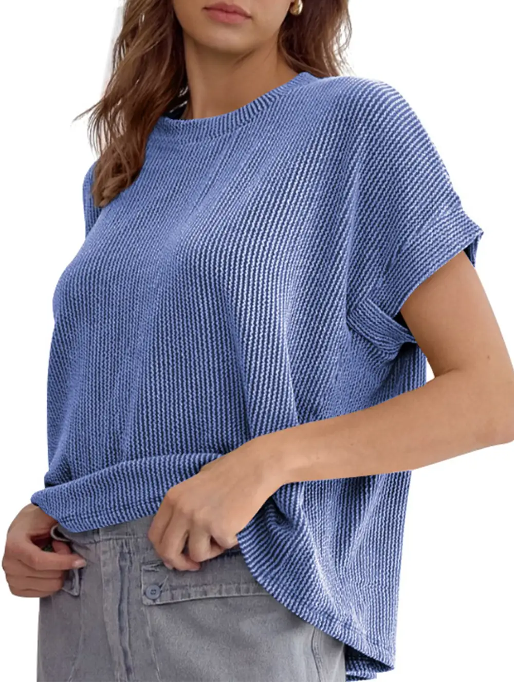 Ribbed Knit Crew Neck Tee