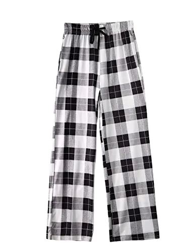 Women's Plaid Print Drawstring High Waist Straight Leg Pants Casual Loose Long Pajama Lounge Trousers