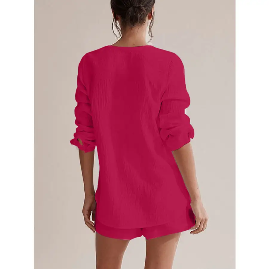 Relaxed Notched Long Sleeve Top and Shorts Set