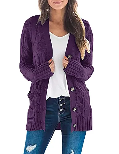 Women's Long Sleeve Cable Knit Sweater Open Front Cardigan Button Loose Outerwear