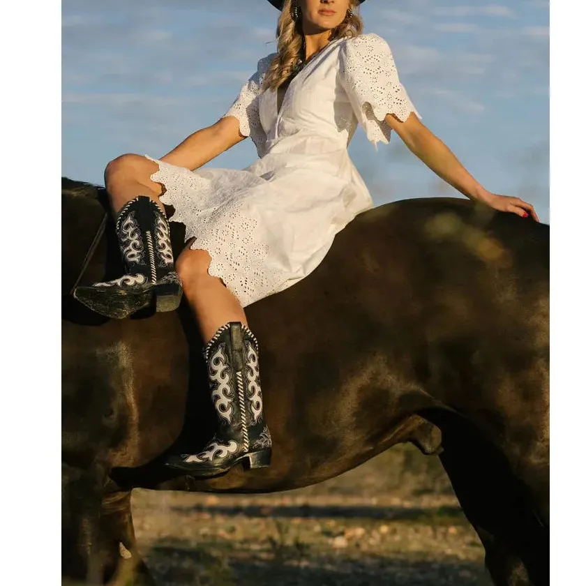 Floral Print Eyelet Embroidered Casual Dress