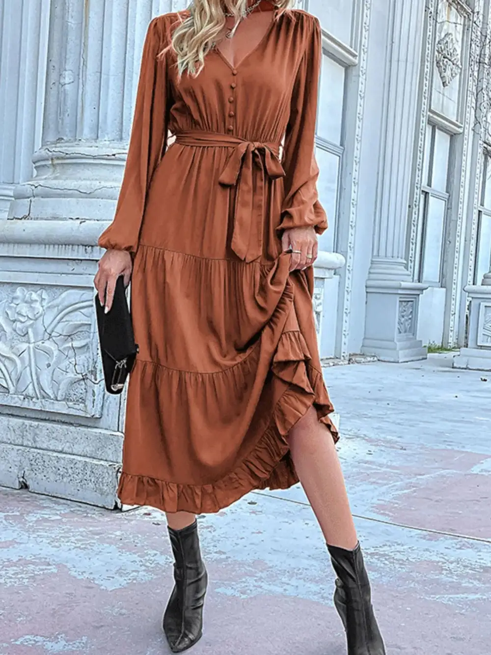 Smooth Finish V Neck Ruffle Dress
