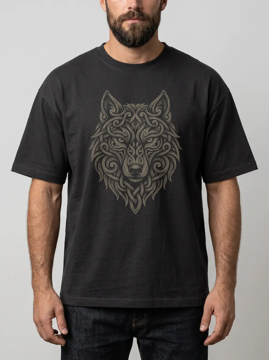 Men's Black Wolf Crew-Neck Short-Sleeve Chest-Sleeve Relaxed Knotwork T-Shirt