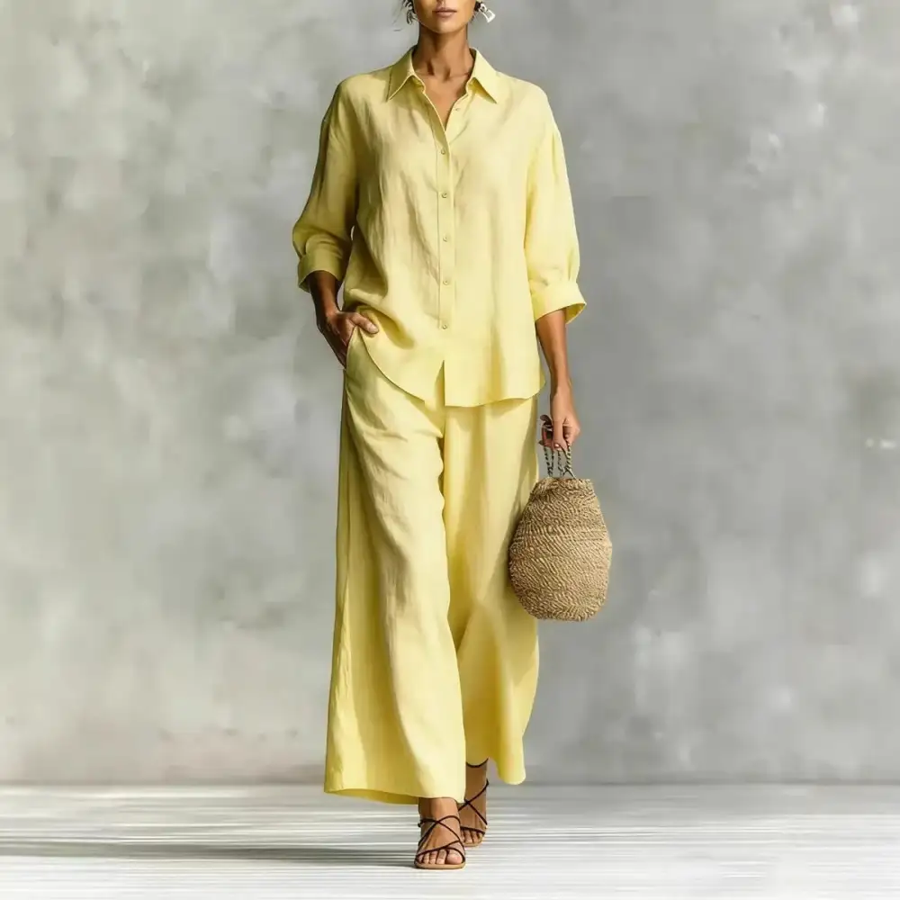 Wide-Leg Button-Up Linen Women's Matching Set