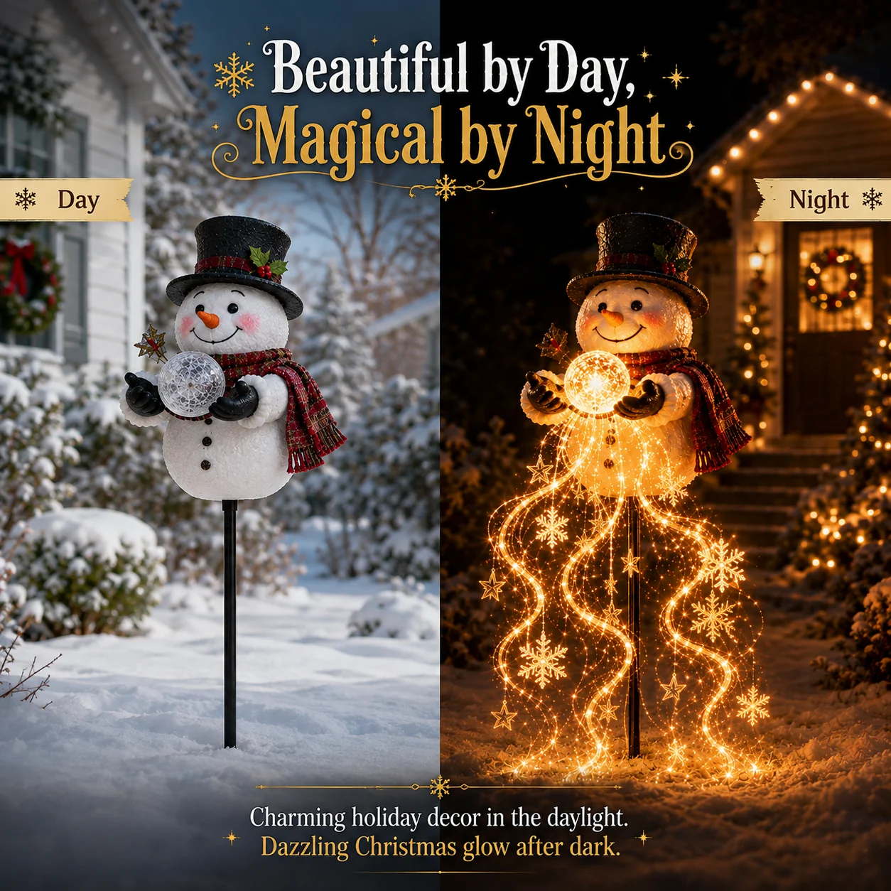 Day and night views of the solar snowman Christmas decoration