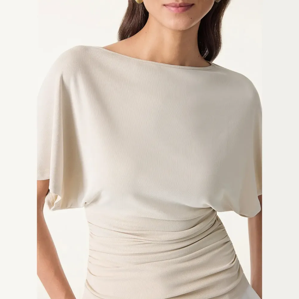 Effortless Boatneck Batwing Sleeve Side Ruched Top - Stylish & Comfortable Women's Fashion baju  kelawar  outfit SpringStatements