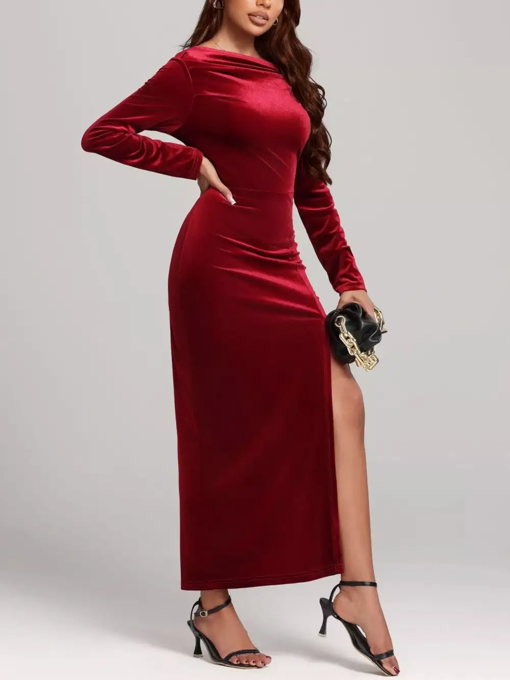 Velvet Ruched Slit Dress Casual