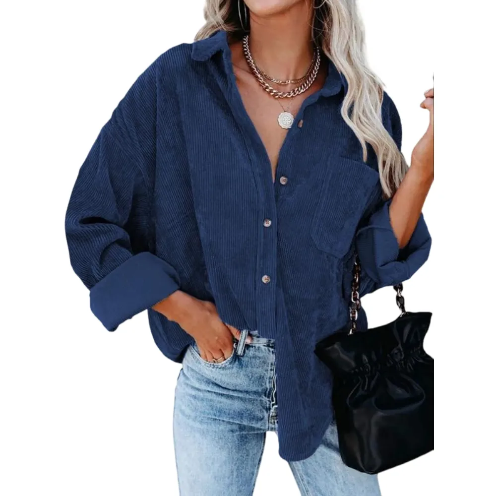 Women's Plain Pocket Button Front Corduroy Shirt