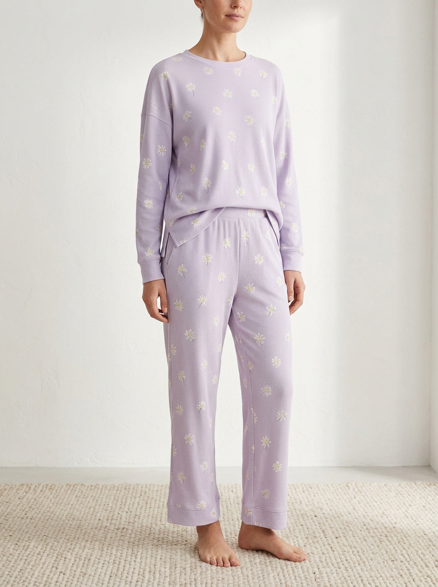 Women's Daisy Waffle-Texture Straight-Leg Lounge Set