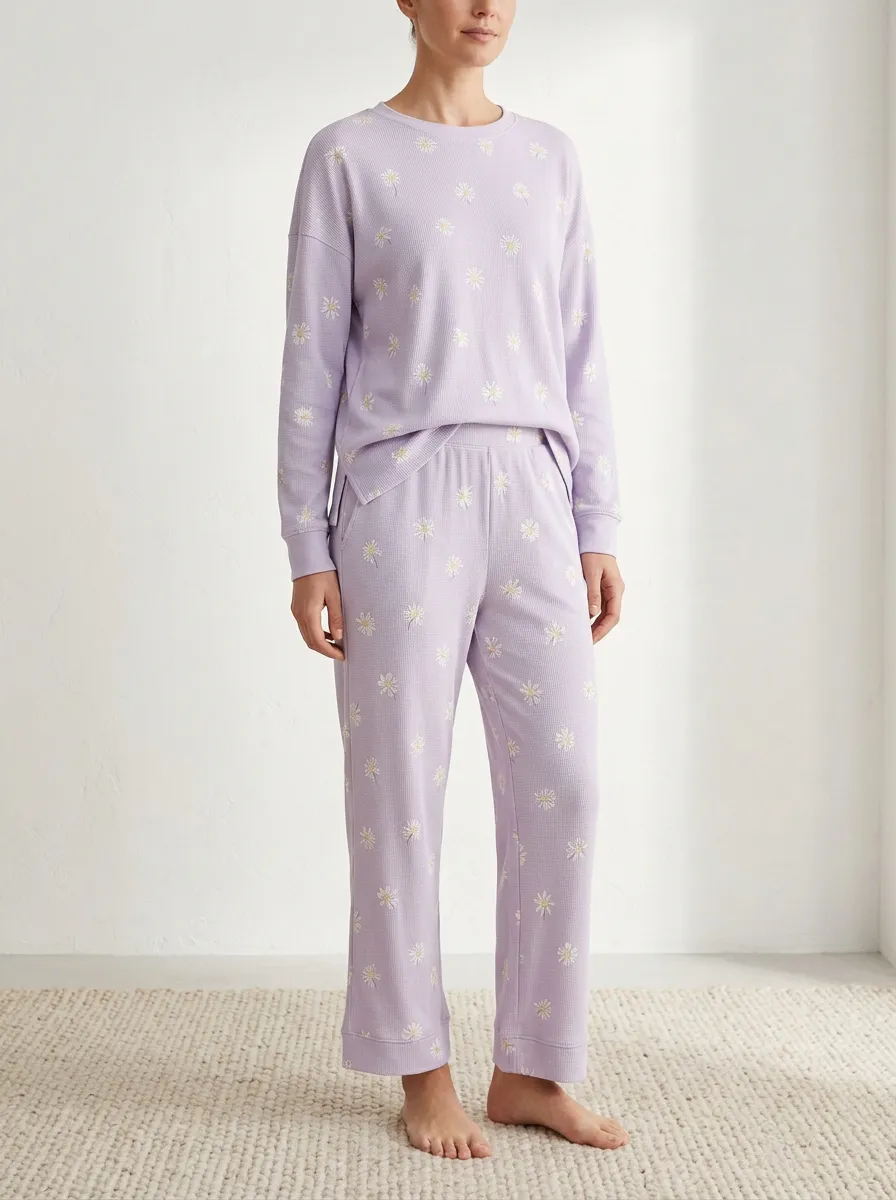 Women's Daisy Waffle-Texture Straight-Leg Lounge Set