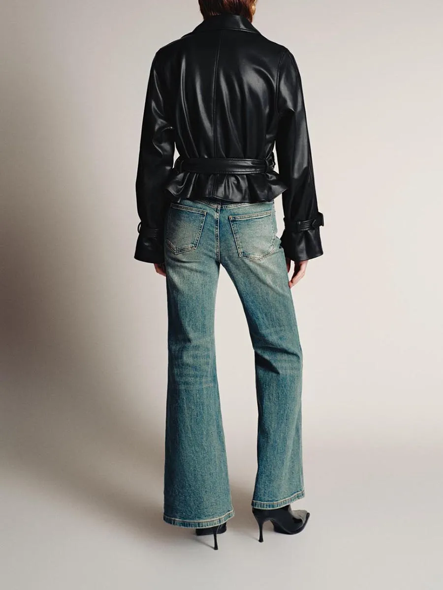 A Black Belt Lapel Elegant Leather Jacket For Ladies