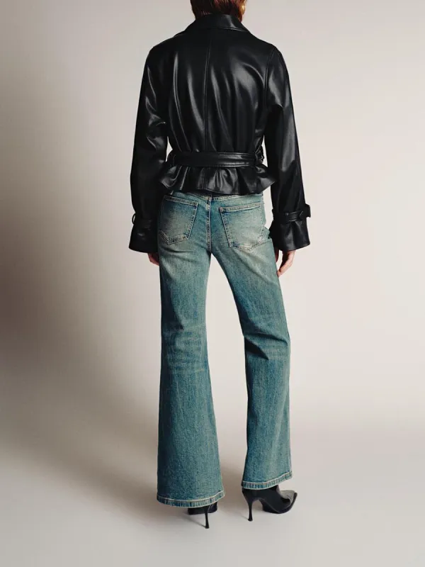 A Black Belt Lapel Elegant Leather Jacket For Ladies