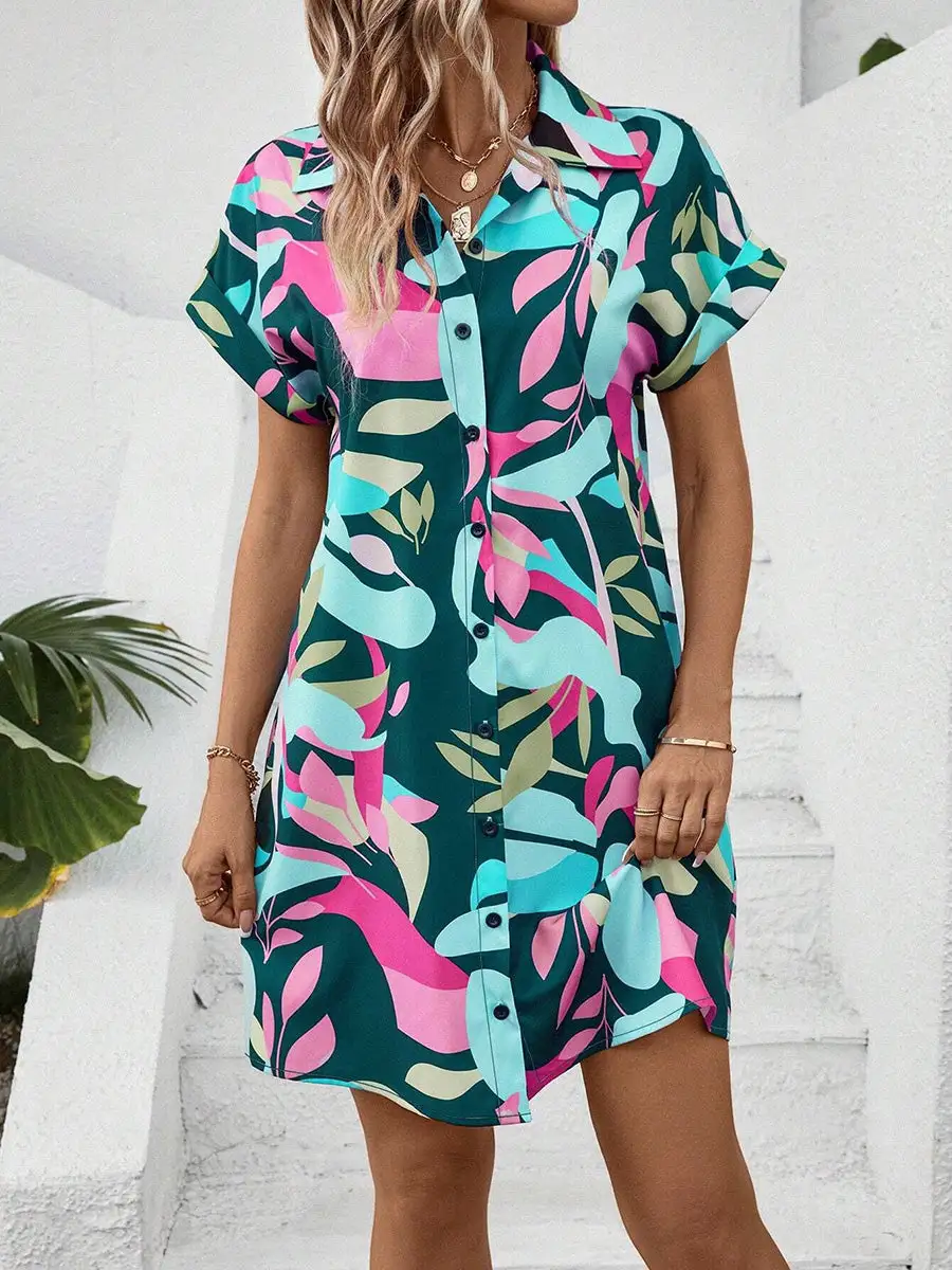 Short Sleeve Buttoned Contrast Color Printed Lapel Mini Dress Shirt Dress