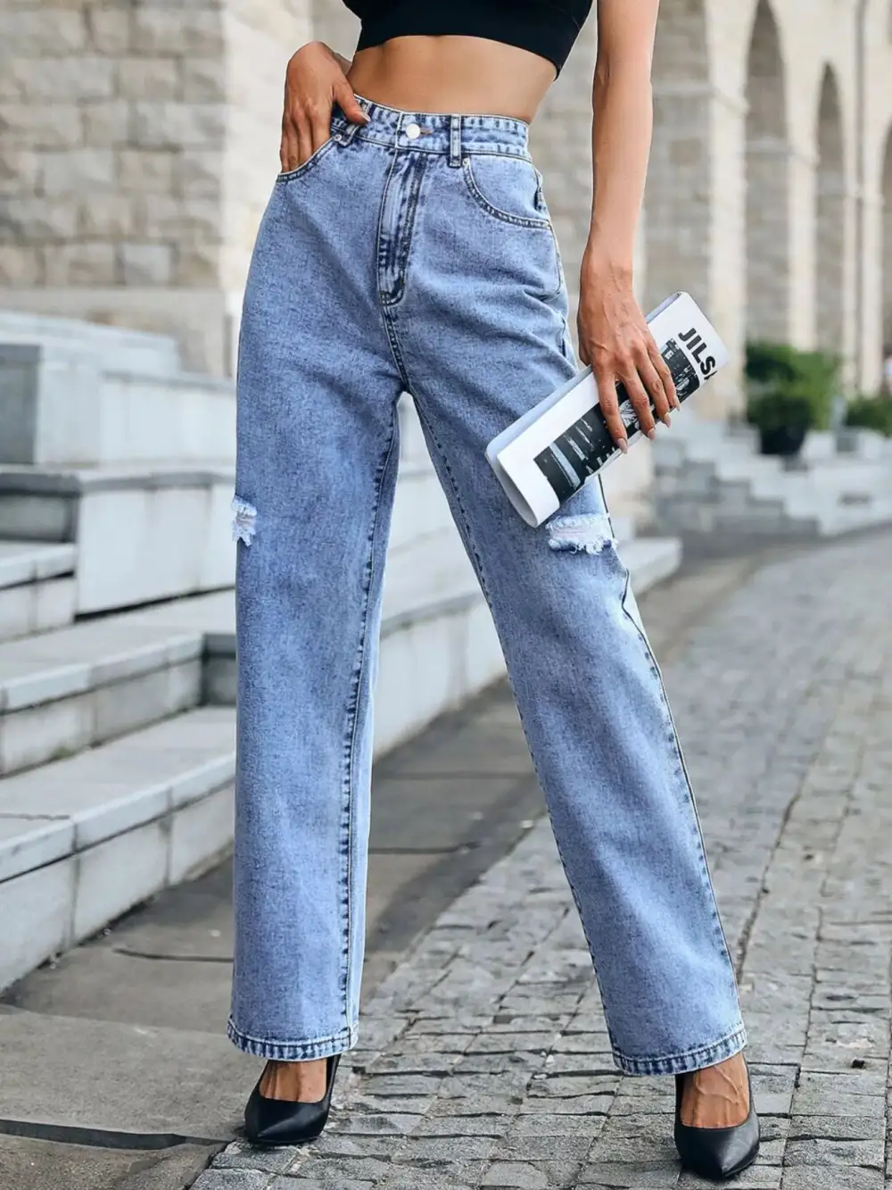 High Waist Distressed Denim Jeans