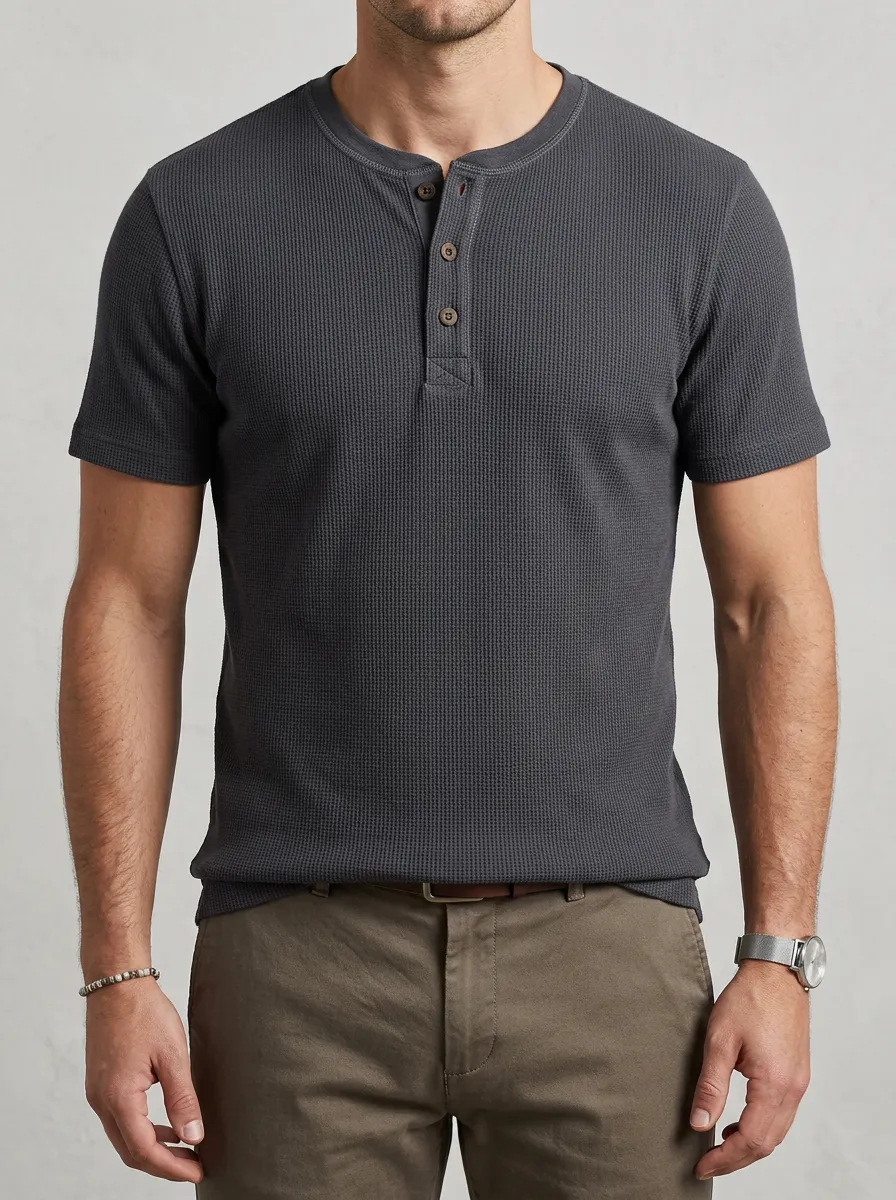 Men's Athletic Inspired Waffle Knit Button Placket Henley Shirt