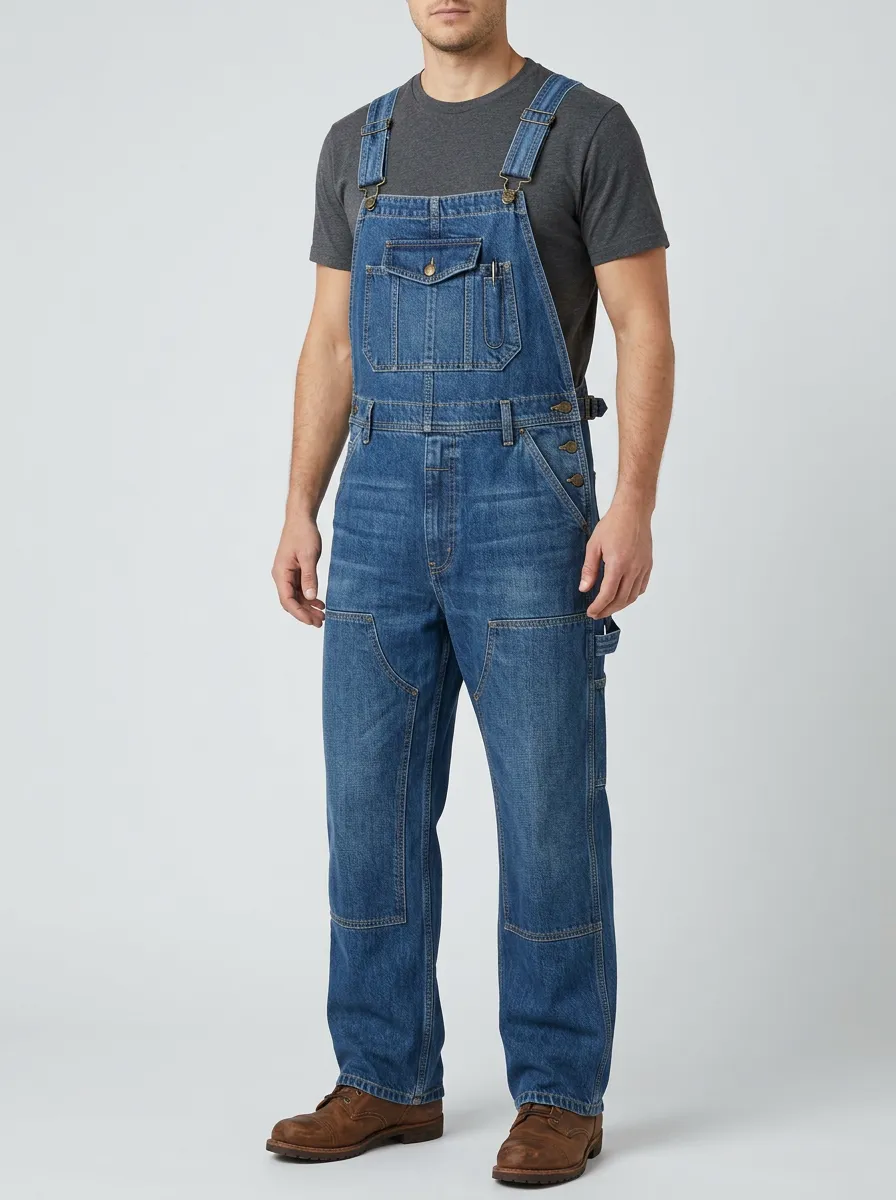 Men's Casual Vintage Blue Denim Reinforced-Knee Overalls
