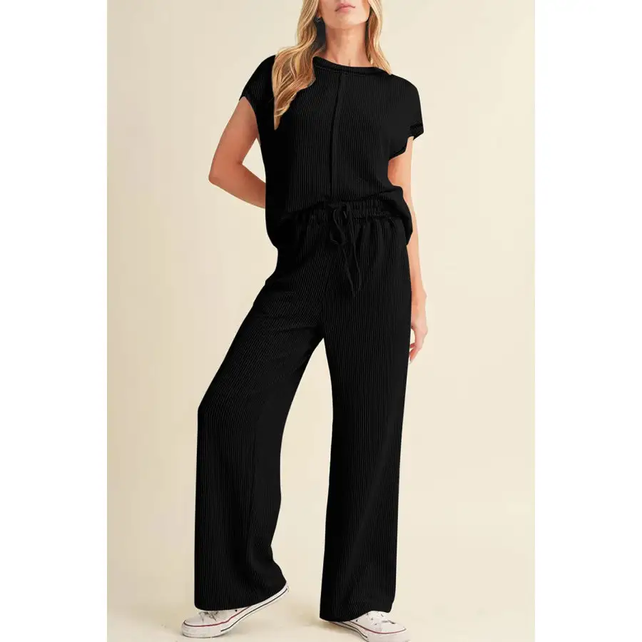 Solid Corded Short Sleeve Top and Casual Pants Set