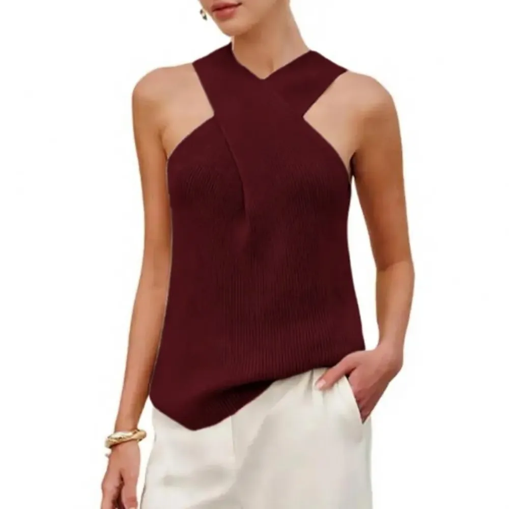 Tanming Women's Halter Cross Over Collar Tank Knit Sleeveless Camisole Top