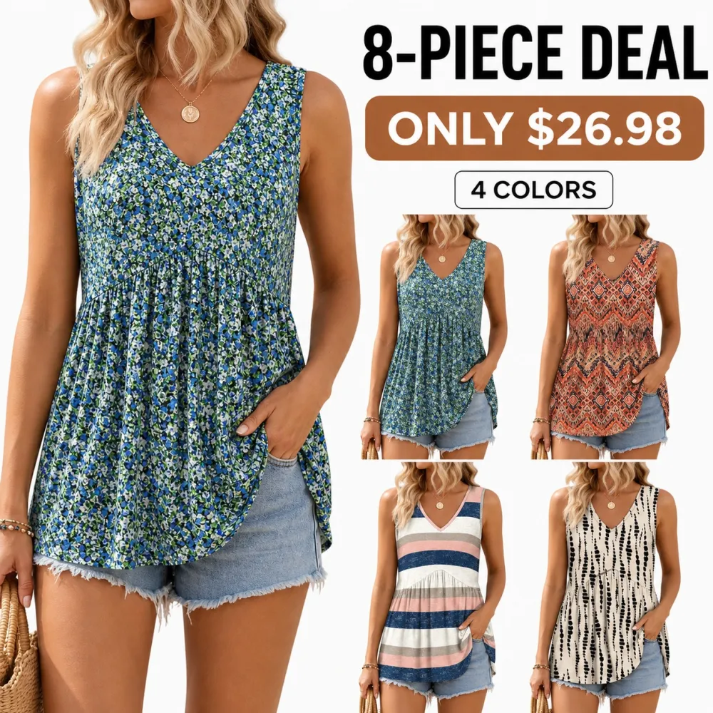 Women's Flowy V-Neck Babydoll Tank Tops Sleeveless Summer Peplum Tops
