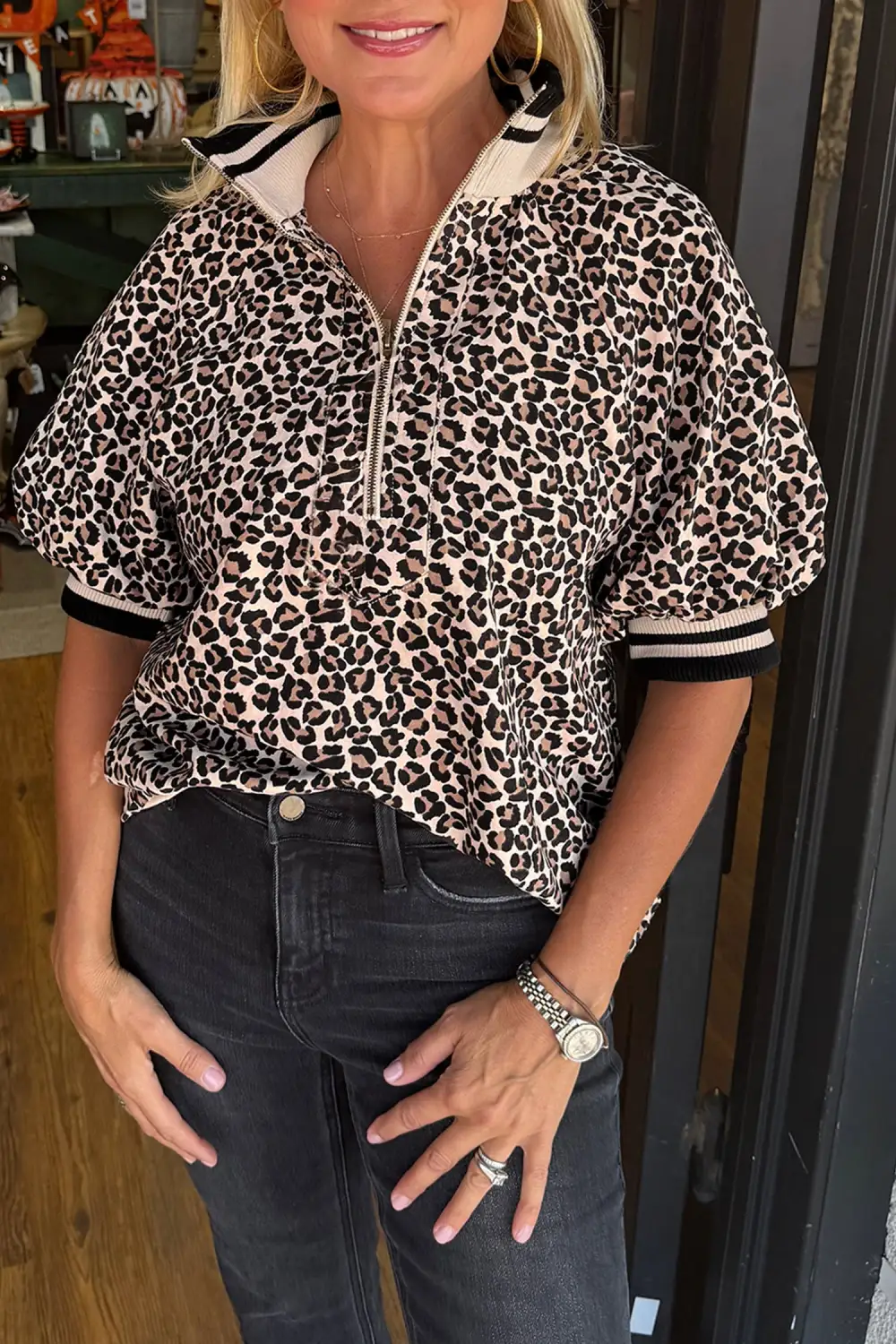 Brown Leopard Print Half Zip Striped Trim Patchwork Short Sleeve Top