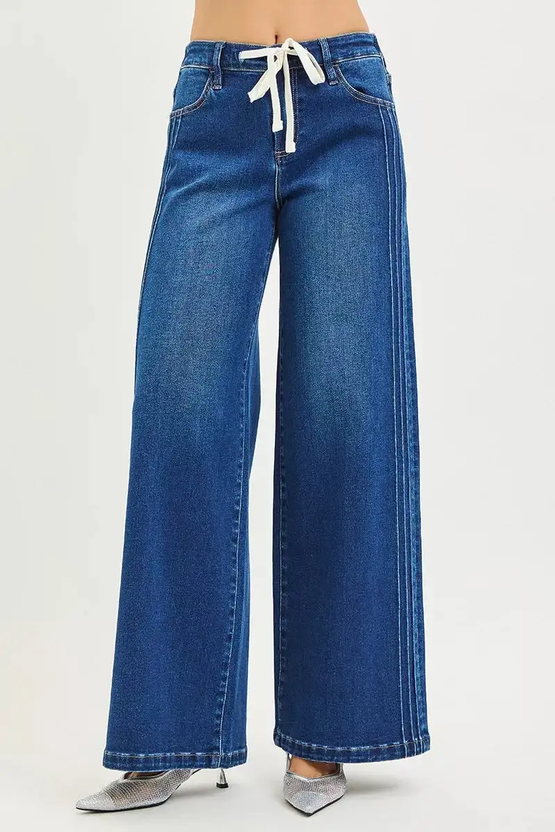Mid Rise Wide Leg Drawstring Denim Jeans