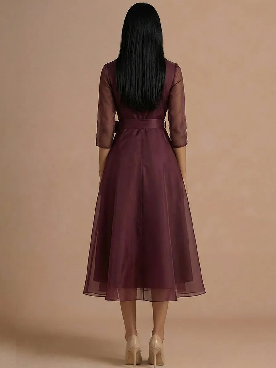 Elegant Draped Shawl Collar Organza Midi Dress