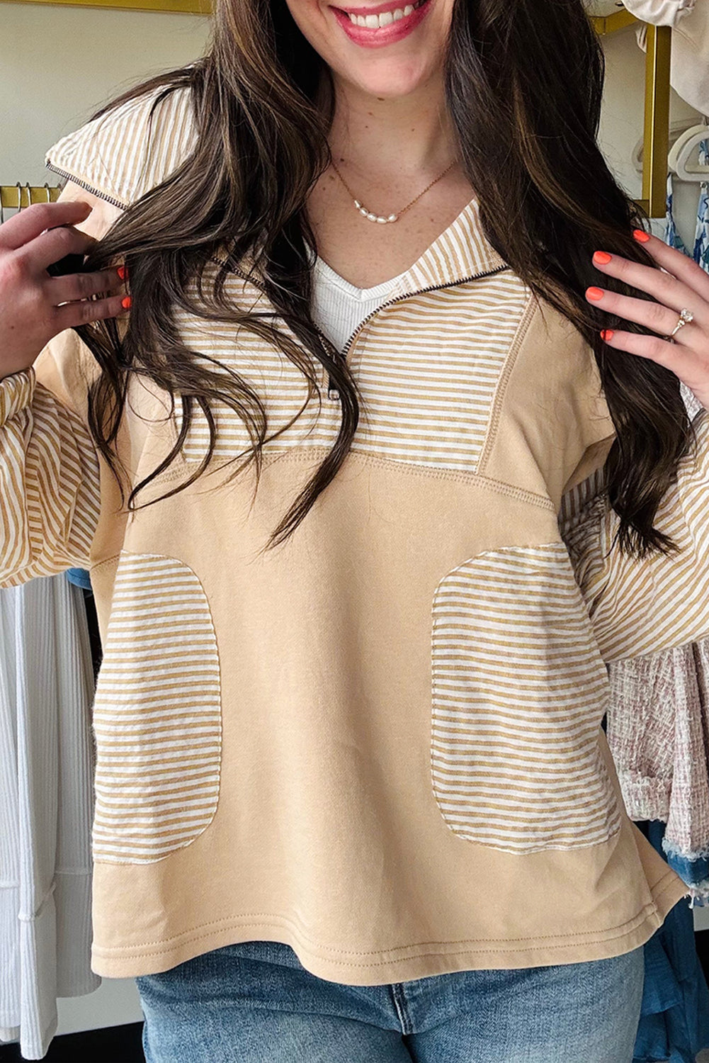 Women's Striped Quarter Zip Long Sleeve Top