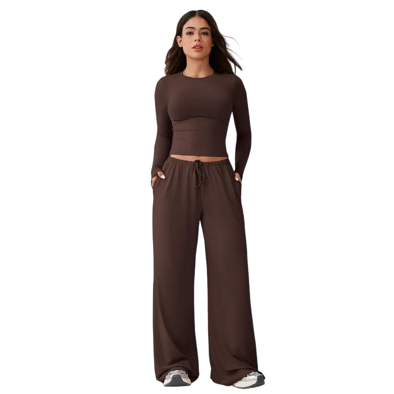 Women's 2-Piece Activewear Set Long-Sleeve Crop Top & Wide-Leg Pants Stretchy Fabric for Yoga