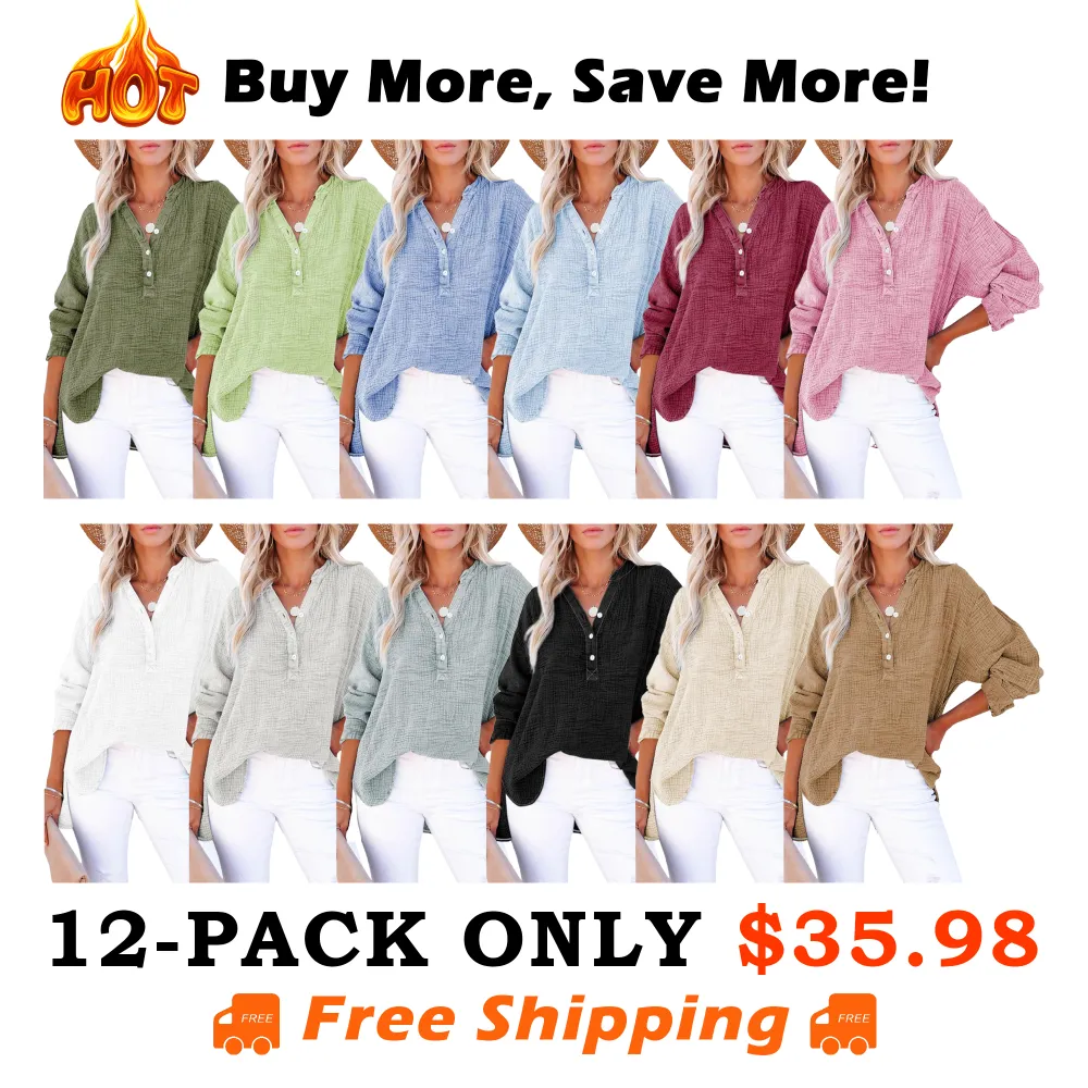 🔥Last Day 49% Offer-Women's Casual Button V Neck Long Sleeve Shirts Oversized Solid Blouses Tops 100% Cotton Boyfriend Style Loose Fit