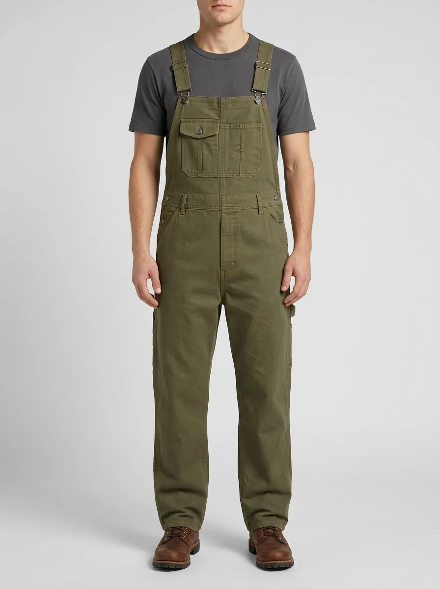 Men's Olive Green Straight-Leg Workwear Bib Overalls