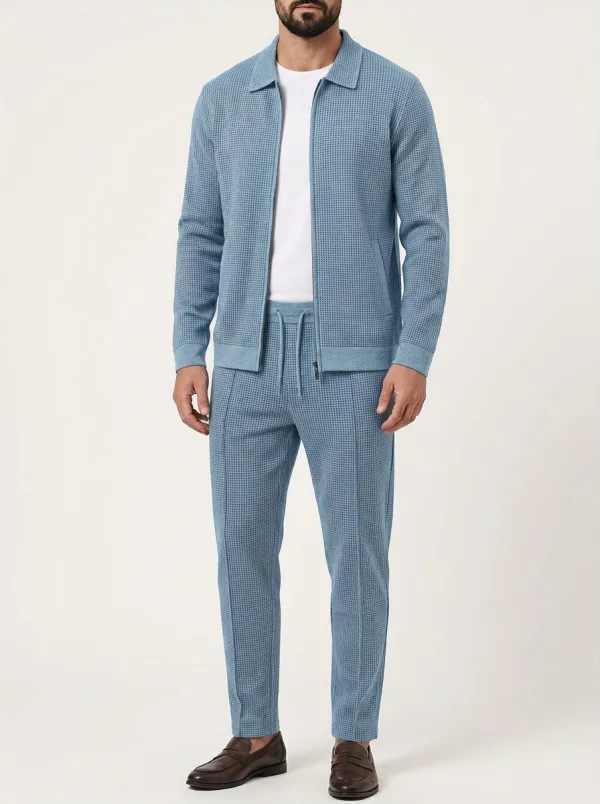 Men's Casual Textured Polo Collar Jacket and Jogger Pants Set