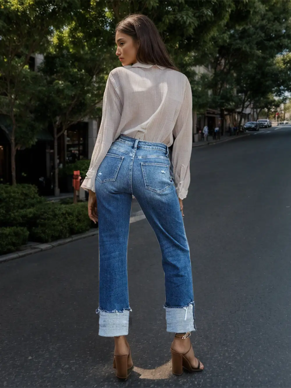 Textured Straight Leg Raw Hem Denim Jeans