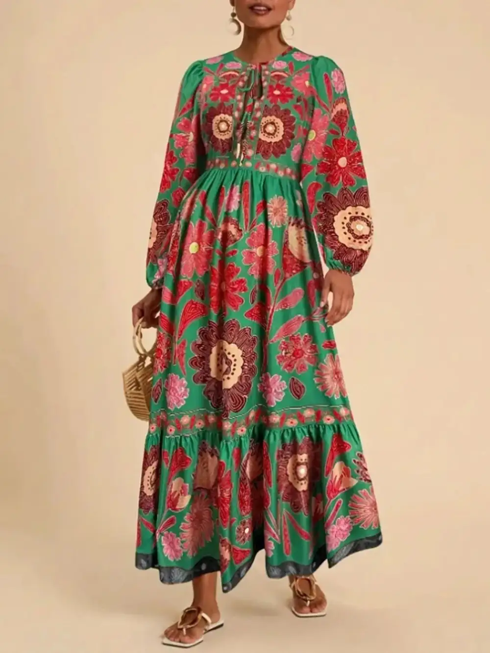 Floral Tie Waist Long Sleeve Dress Casual